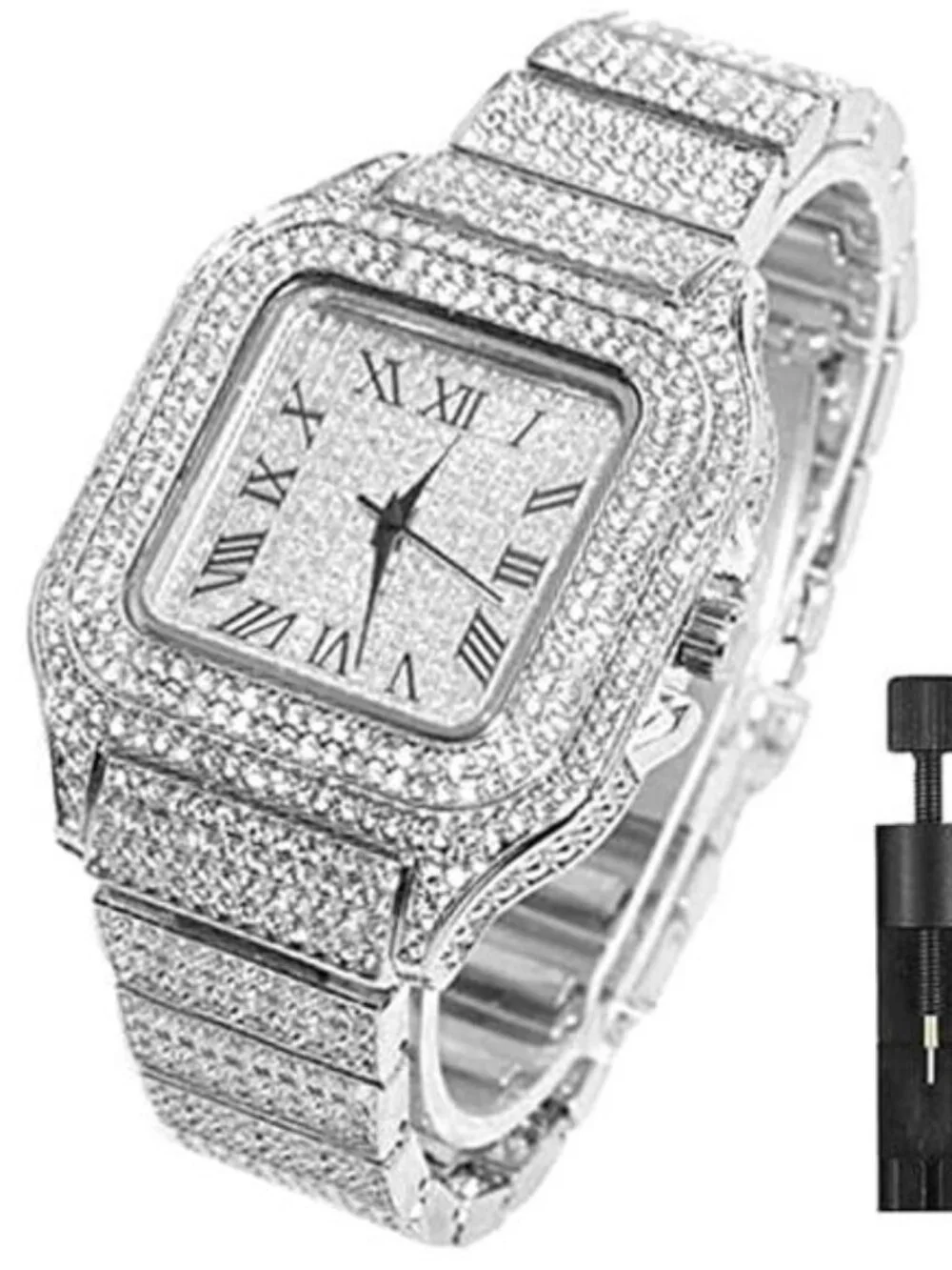 Diamond Iced Out Watch CZ Gold Plated 40mm Width Roman Numerals Dial